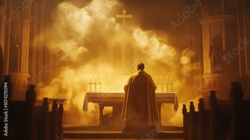 A priest performing a Catholic mass in a church, surrounded by altar candles and an incense cloud.