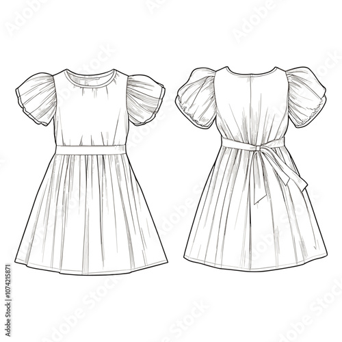 Vintage Line Art of Classic Dresses with Puff Sleeves