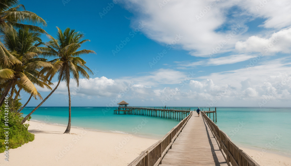 Fototapeta premium Idyllic Caribbean Shoreline with Turquoise Water and Pier