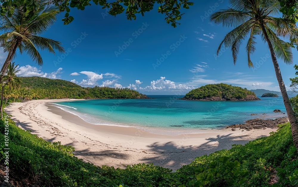Fototapeta premium A secluded white sand beach framed by lush palm trees with turquoise water and blue sky.