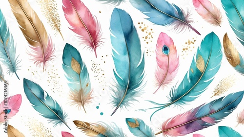 Colorful watercolor feathers pattern with gold accents and whimsical details
