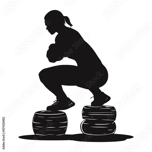 Woman Squatting on Weight Plates in Silhouette