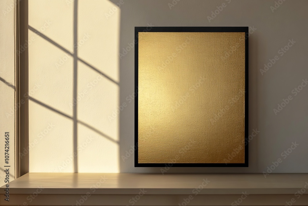A gold framed canvas mockup with sunlight streaming through the window. A gold framed canvas mockup with sunlight streaming through the window.