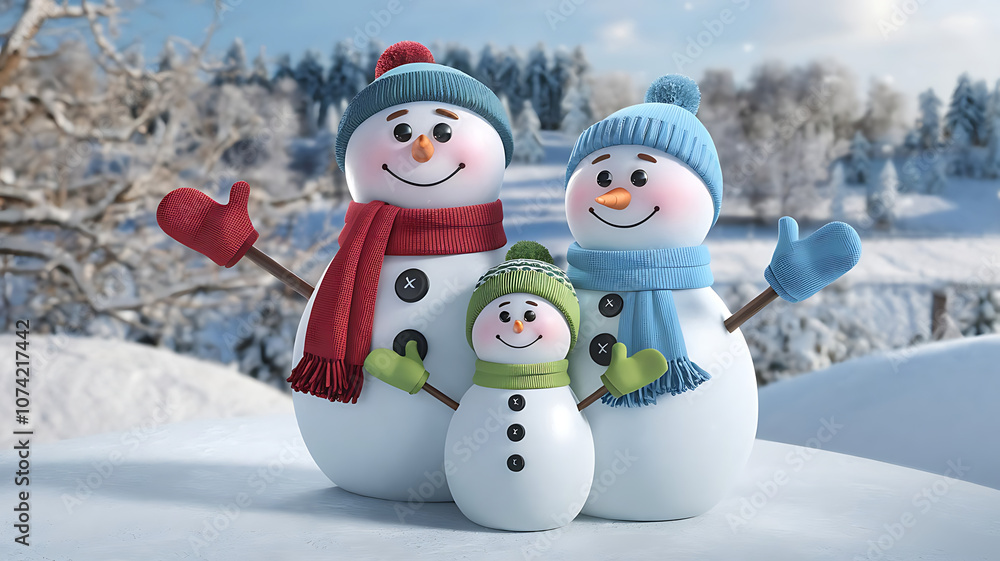 A cheerful family of snowmen in winter outfits on a snowy day
A cheerful family of snowmen in winter outfits on a snowy day