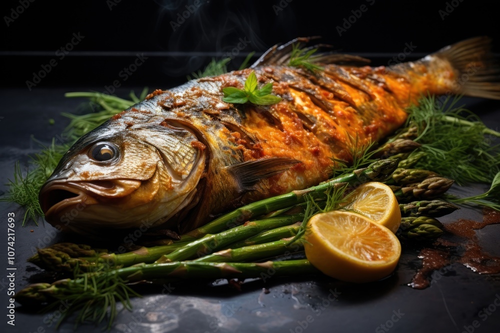 Fried river fish with asparagus seafood animal vegetable. Fried river fish with asparagus seafood animal vegetable.