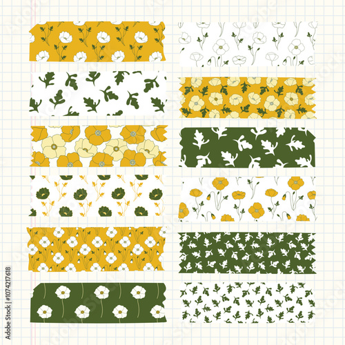 Washi floral tapes with swatches seamless repeat patterns