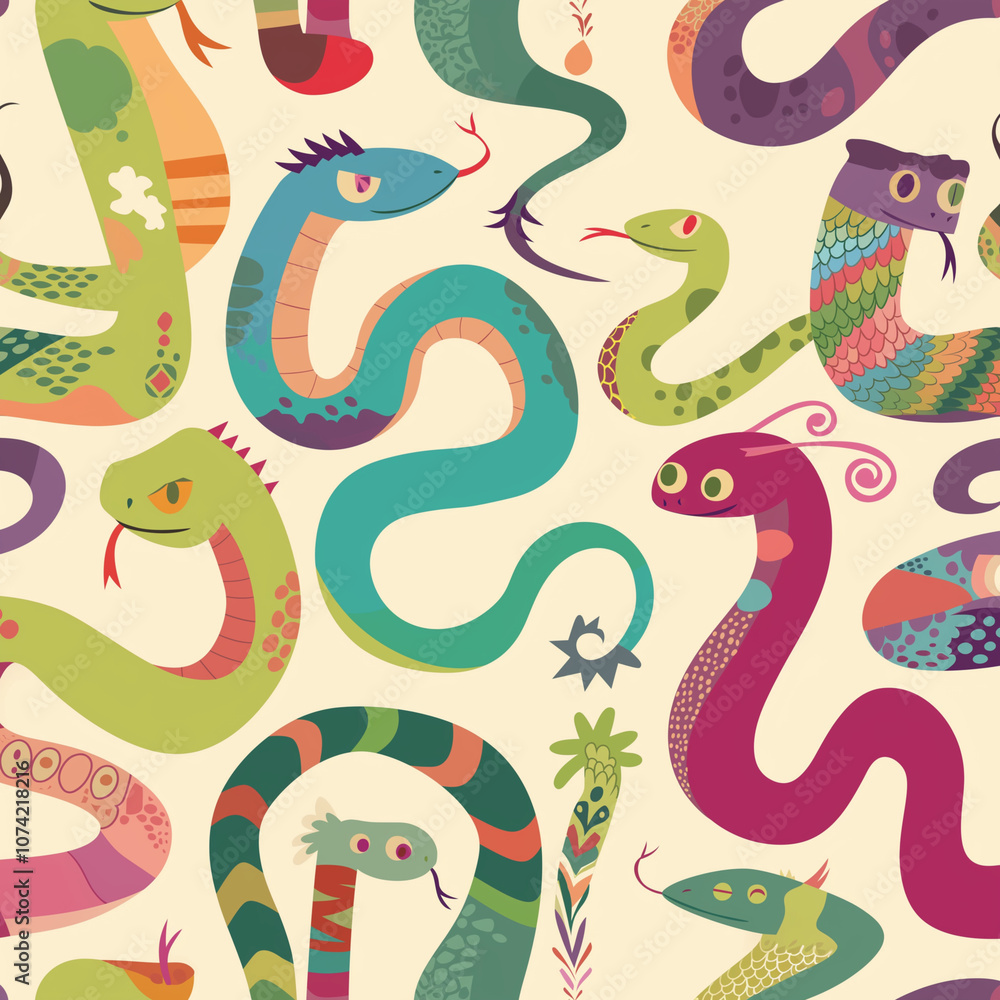 Obraz premium Colorful Cartoon Snakes Pattern.