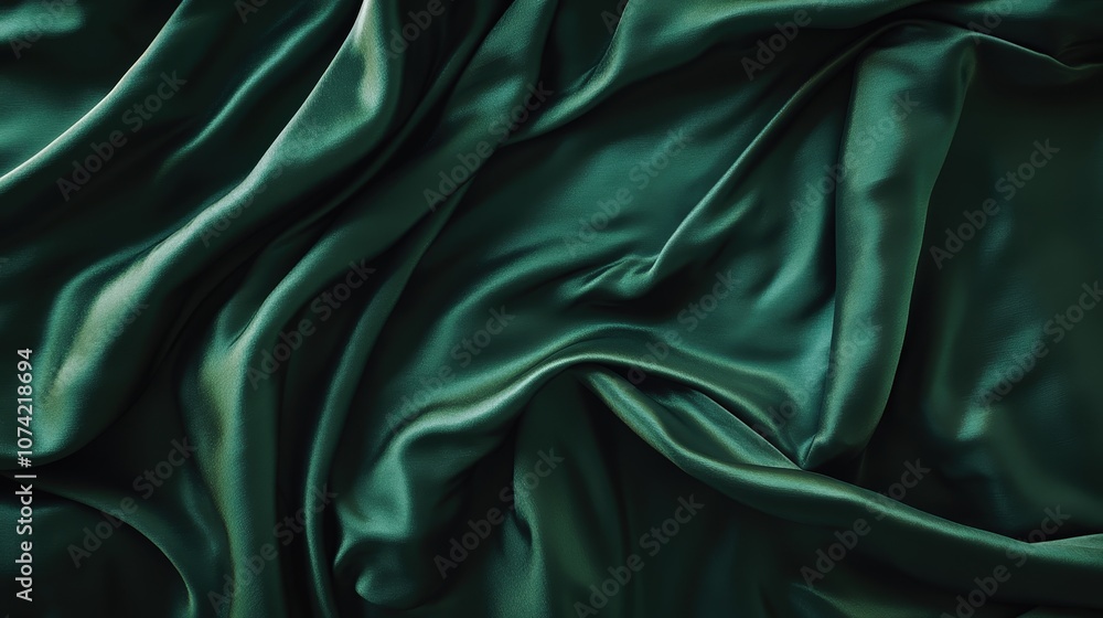 Fototapeta premium A silk bedding set in deep emerald green, creating a sophisticated, calming atmosphere with its lustrous texture and rich color.