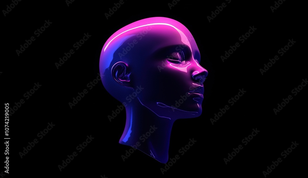 A 3D rendering of a human head, with a blue and purple neon glow, against a black background. The head is in profile, with the eyes closed, and the hair is shaved. A 3D rendering of a human head, with a blue and purple neon glow, against a black background. The head is in profile, with the eyes closed, and the hair is shaved.