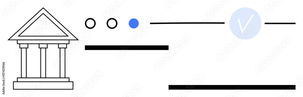 Government building with columns, three circles, checkmark inside blue circle, and black horizontal lines. Ideal for government, validation, law, institutions finance approvals regulations. Line Government building with columns, three circles, checkmark inside blue circle, and black horizontal lines. Ideal for government, validation, law, institutions finance approvals regulations. Line