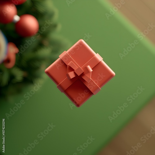 Festive red gift box floating above a green Christmas backdrop photo