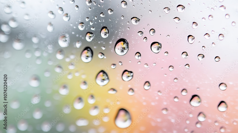 Close-Up View of Water Drops on a Smooth Surface Showing a Colorful Abstract Background, Capturing the Essence of Rainy Days and Nature's Beauty Close-Up View of Water Drops on a Smooth Surface Showing a Colorful Abstract Background, Capturing the Essence of Rainy Days and Nature's Beauty
