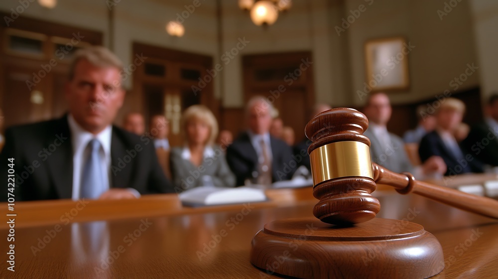 Courtroom Scene Featuring a Gavel Symbolizing Justice and Legal Proceedings Courtroom Scene Featuring a Gavel Symbolizing Justice and Legal Proceedings
