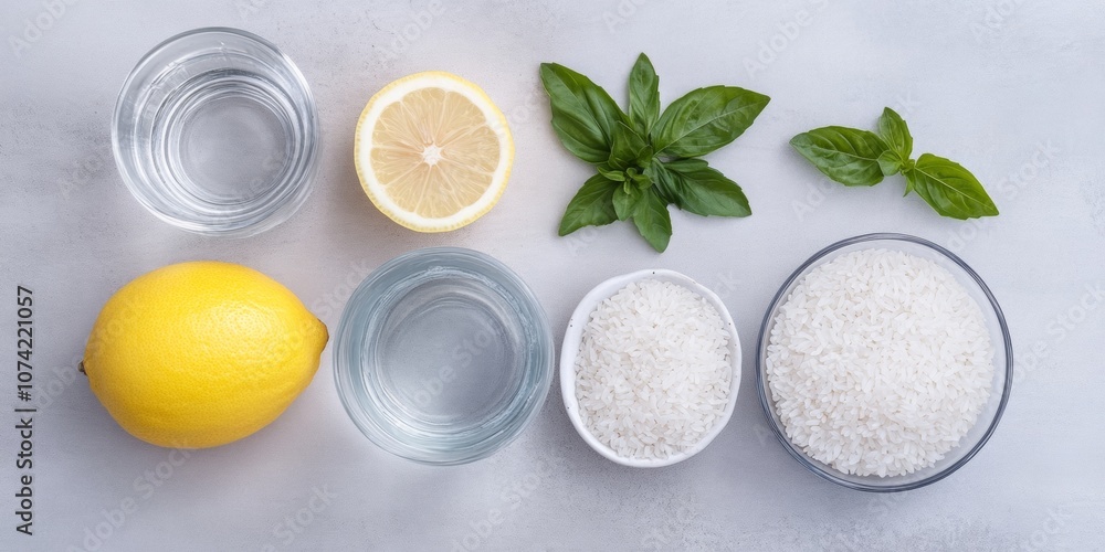 Natural Ingredients on Rustic Counter Rice, Lemon, Water for Authentic Wellness Natural Ingredients on Rustic Counter Rice, Lemon, Water for Authentic Wellness