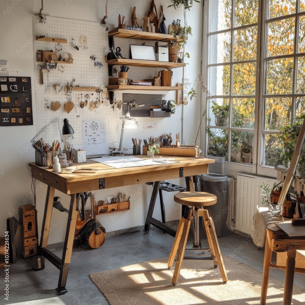 A well-lit and organized home office space with a wooden desk, a stool, and an assortment of art supplies. A well-lit and organized home office space with a wooden desk, a stool, and an assortment of art supplies.