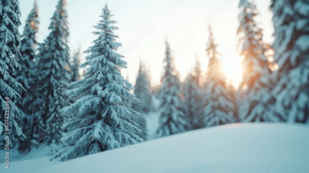 Naklejka premium Snow Covered Pine Forest in Winter Wonderland Landscape with Sunset Glow