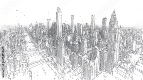 A detailed sketch of a bustling city skyline with skyscrapers.