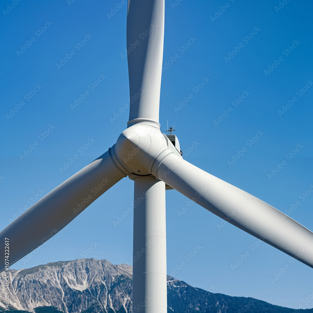 Close-Up of Wind Turbine Blade with Mountain Landscape in Background Close-Up of Wind Turbine Blade with Mountain Landscape in Background