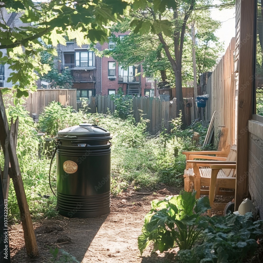 Obraz premium A Black Compost Bin in a Backyard Garden