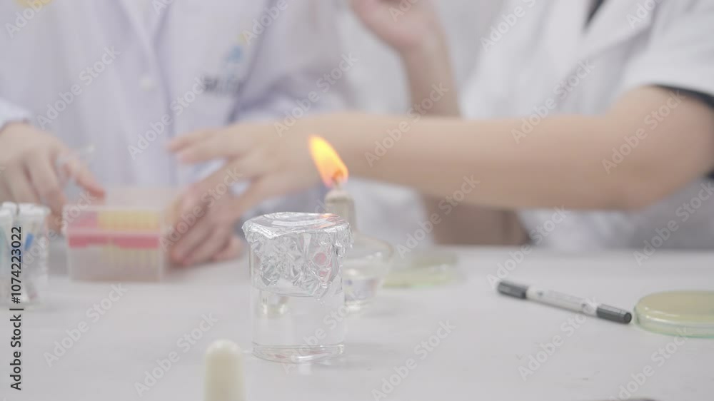A group of people are gathered around a table with a lit candle. Scene is calm and focused, as the people are likely conducting an experiment or working on a project together A group of people are gathered around a table with a lit candle. Scene is calm and focused, as the people are likely conducting an experiment or working on a project together