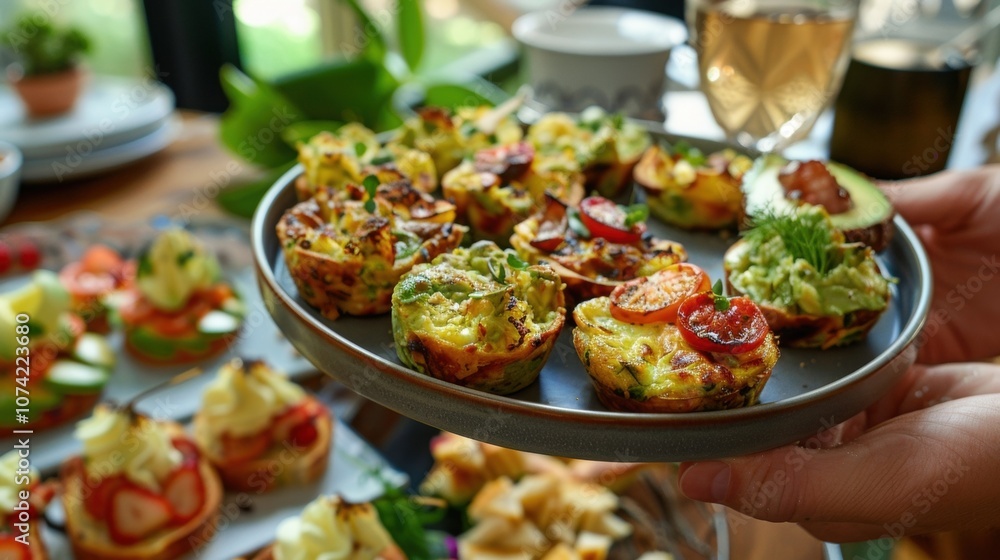 A plate of delectable brunch bites including mini quiches and avocado toast is passed around the table. A plate of delectable brunch bites including mini quiches and avocado toast is passed around the table.