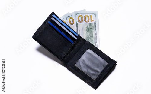 Banknote in black wallet isolated on white background. After edits.