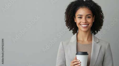 A smiling woman holding a coffee cup in a business suit stands against a neutral background during a morning meeting