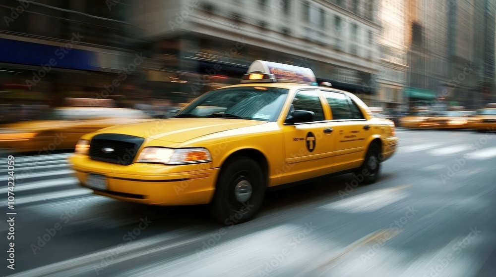 A taxi driving through busy city streets, representing the importance of ride-hailing services in modern transportation and urban mobility A taxi driving through busy city streets, representing the importance of ride-hailing services in modern transportation and urban mobility