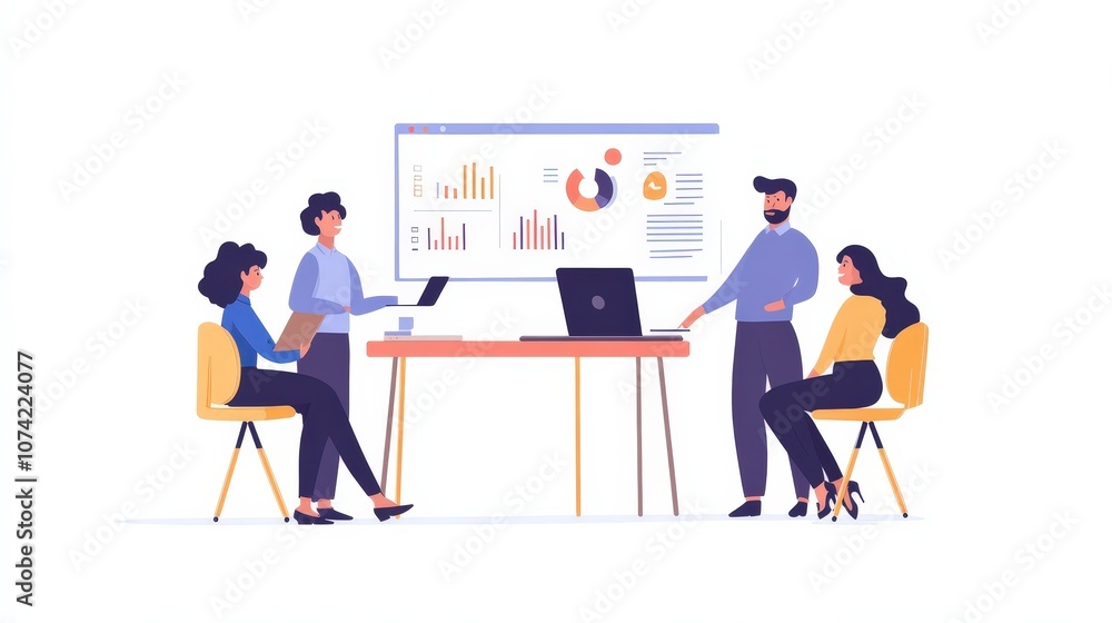 A team of business professionals collaborates to refine a business plan, focusing on marketing, sales projections, and budget analysis A team of business professionals collaborates to refine a business plan, focusing on marketing, sales projections, and budget analysis