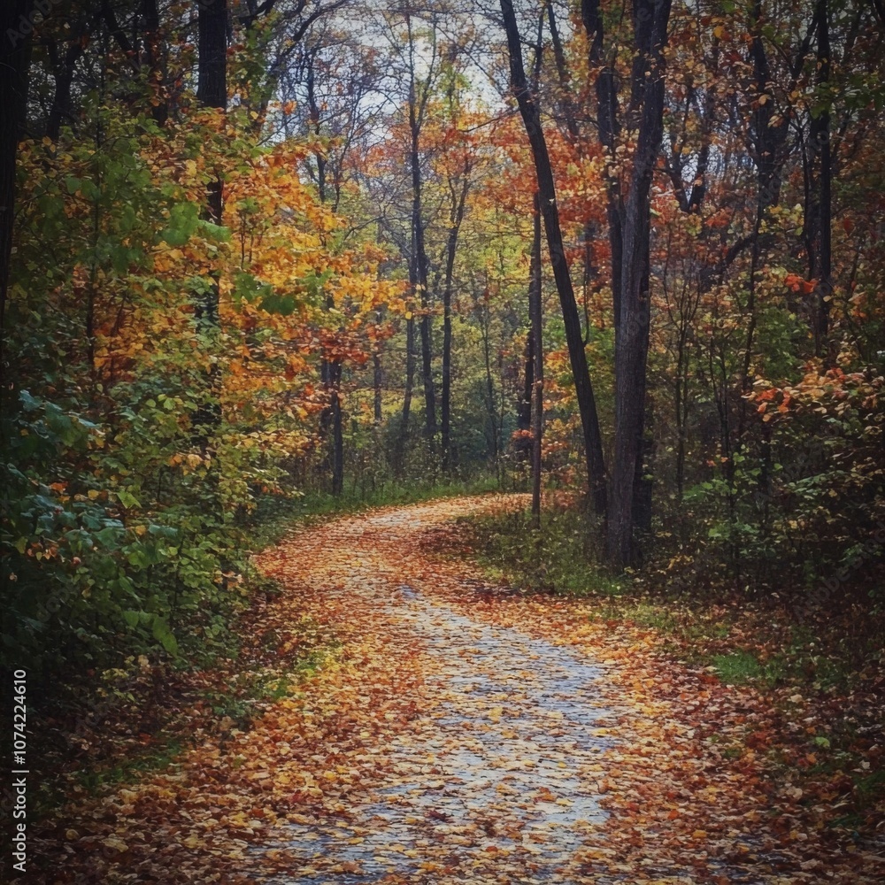 Winding Forest Path with Autumn Leaves Winding Forest Path with Autumn Leaves