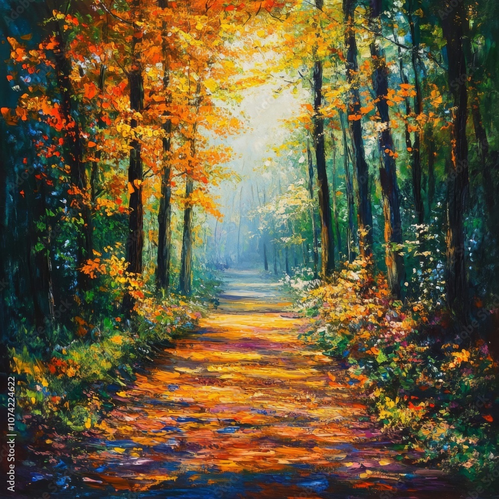 Fototapeta premium Sunlit Forest Path with Autumn Trees and Flowers