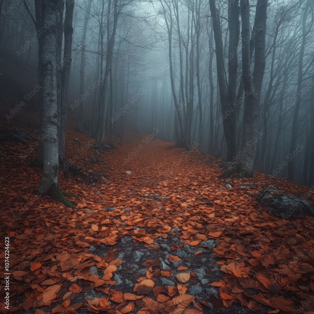 Fototapeta premium A Misty Forest Path Covered in Fallen Autumn Leaves