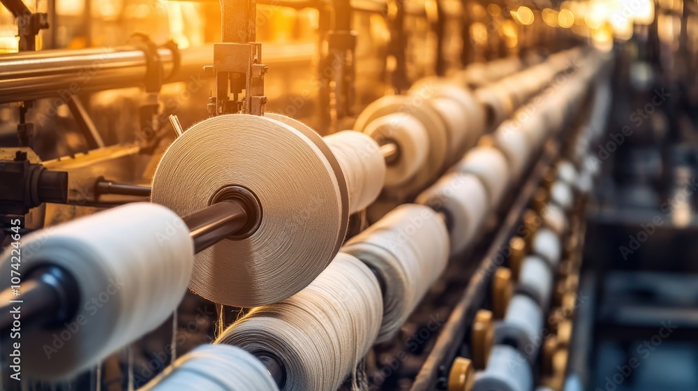 A textile factory with machines producing fabrics, showcasing the fast-paced and high-volume processes used in the global clothing and textile production industry A textile factory with machines producing fabrics, showcasing the fast-paced and high-volume processes used in the global clothing and textile production industry
