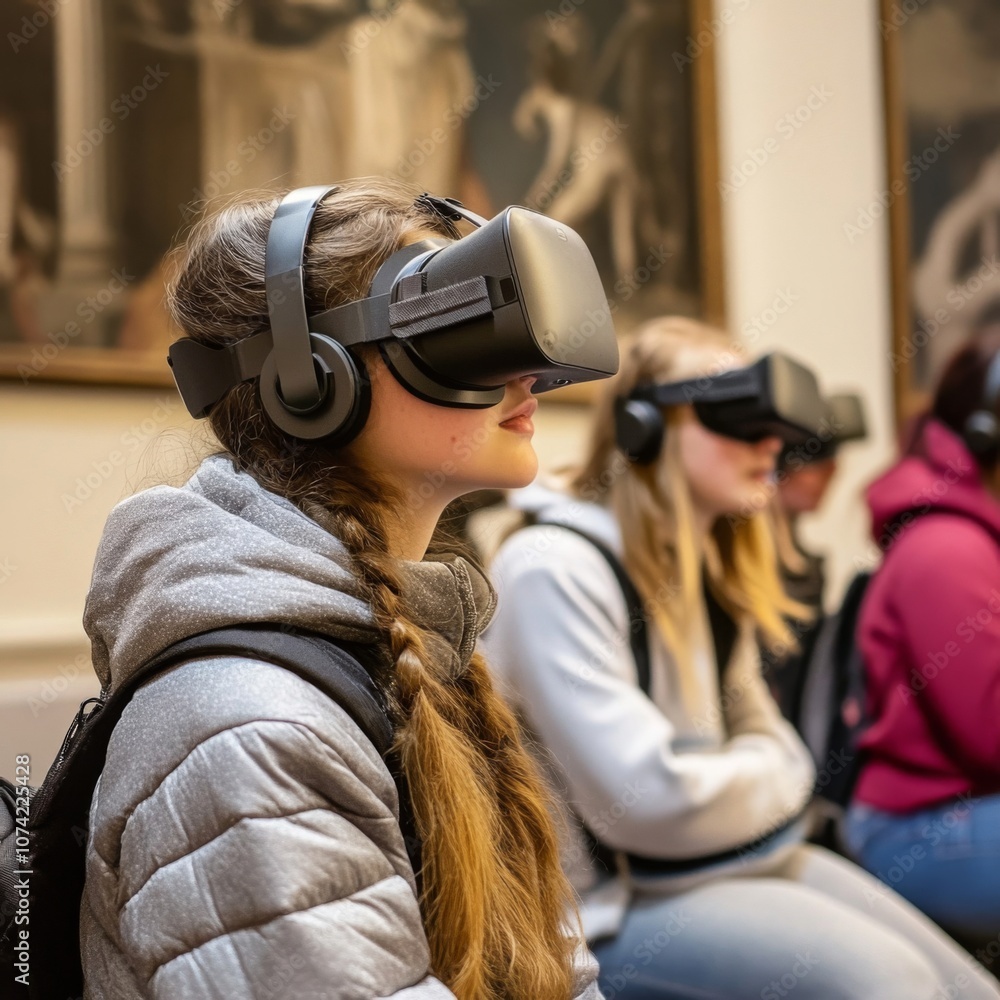 Young woman wearing a VR headset, looking up while seated in a row of other VR users. Young woman wearing a VR headset, looking up while seated in a row of other VR users.