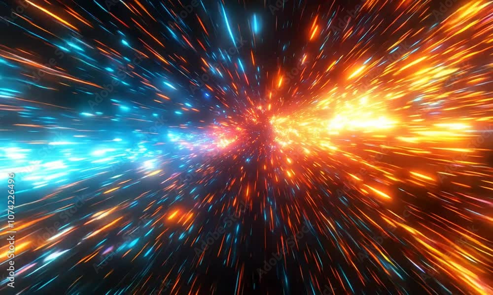 A vibrant depiction of cosmic energy with contrasting blue and orange light streaks. A vibrant depiction of cosmic energy with contrasting blue and orange light streaks.