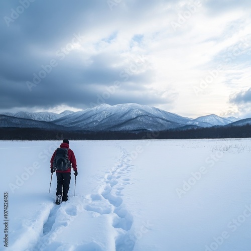 A lone hiker walks through snow-covered terrain with snow-capped mountains in the distance. photo