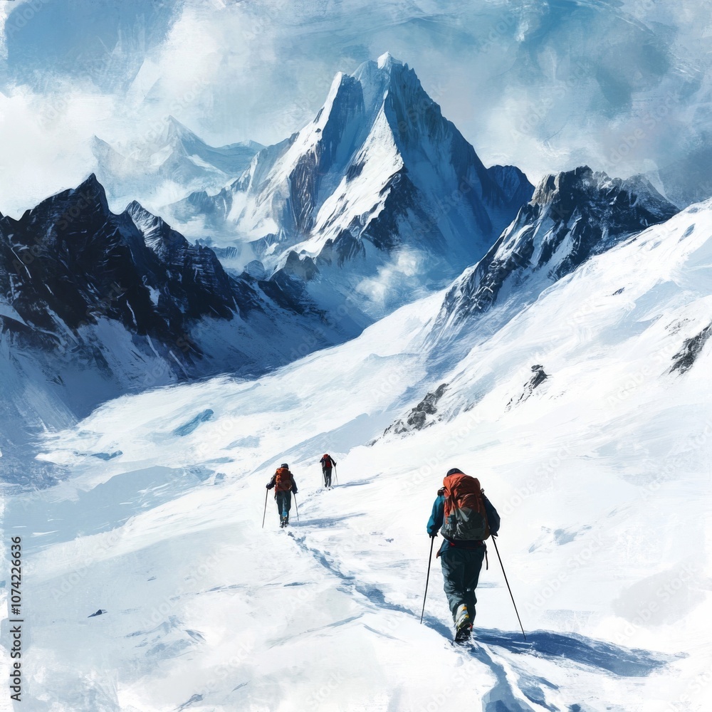 Hikers Ascending a Snow-Covered Mountain Range Hikers Ascending a Snow-Covered Mountain Range