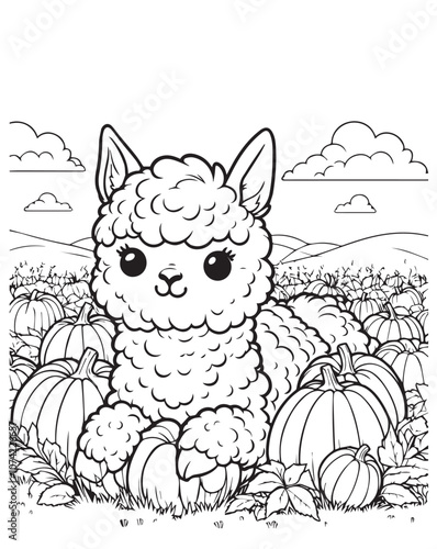 Coloring page design cute alpaca sit with nature scene 