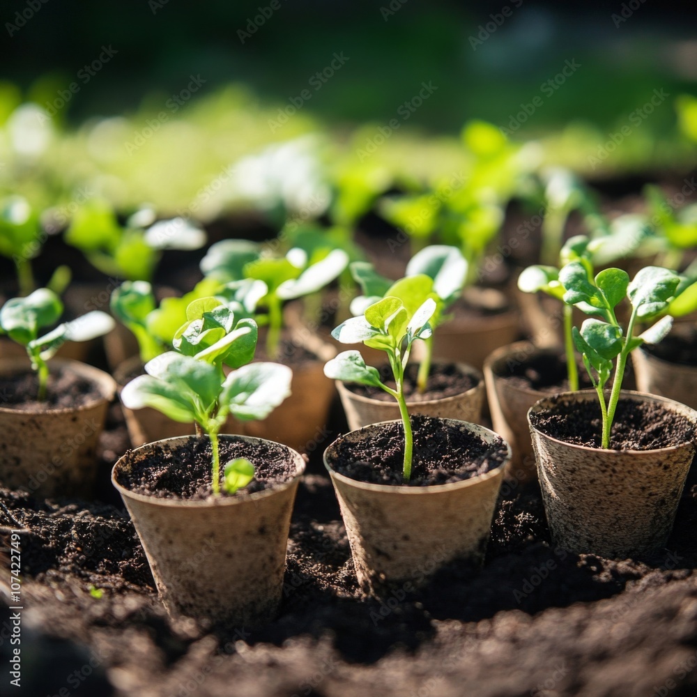 Closeup of Seedlings in Peat Pots in Rich Garden Soil Closeup of Seedlings in Peat Pots in Rich Garden Soil