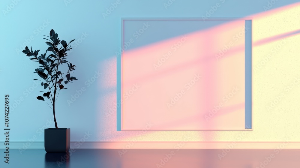 Minimalist Room with Plant Blank Frame and Pastel Lighting Minimalist Room with Plant Blank Frame and Pastel Lighting