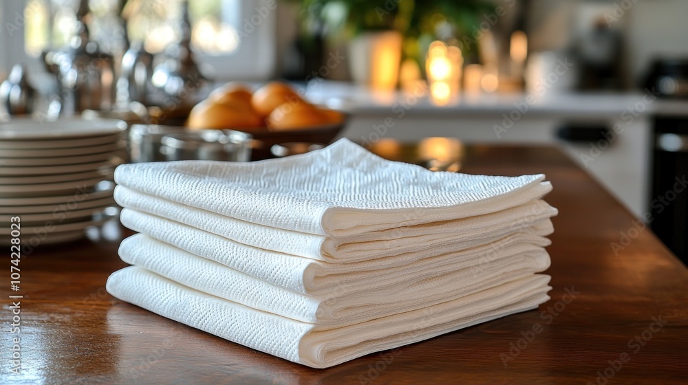 A stack of white napkins on a wooden table in a cozy setting. A stack of white napkins on a wooden table in a cozy setting.