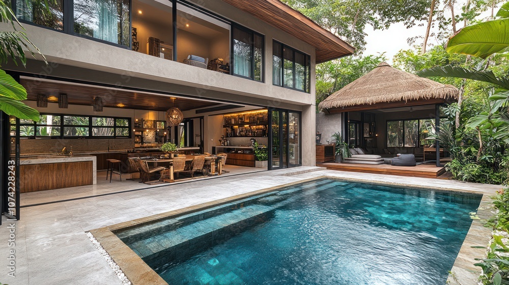 Fototapeta premium Modern villa with swimming pool and tropical garden.