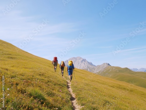 Friends Hiking Mountain Trail Under Clear Sky – Vibrant Colors and Candid Moments Capture Scenic Adventure