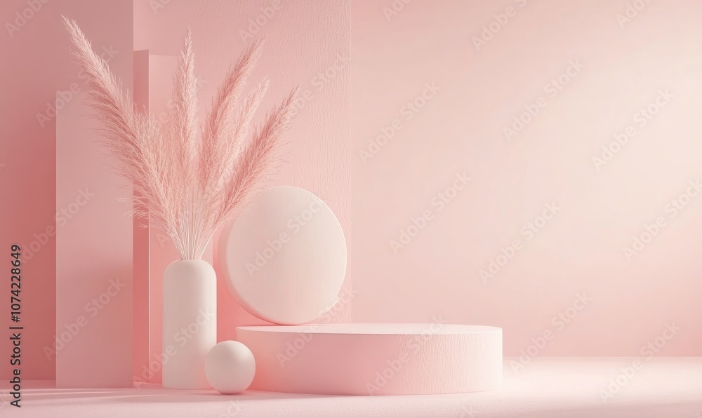 Minimalist Pink Background with White Geometric Shapes and Pampas Grass Minimalist Pink Background with White Geometric Shapes and Pampas Grass