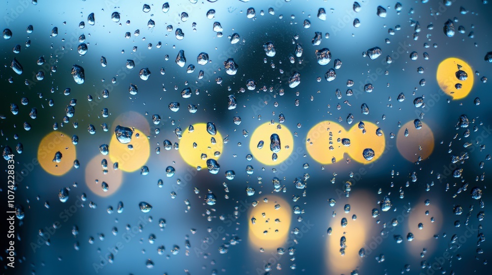 Close-up of Raindrops on a Glass Window, Blurred Colorful Lights in the Background Creating a Cozy and Dreamy Atmosphere in a Rainy Day Close-up of Raindrops on a Glass Window, Blurred Colorful Lights in the Background Creating a Cozy and Dreamy Atmosphere in a Rainy Day