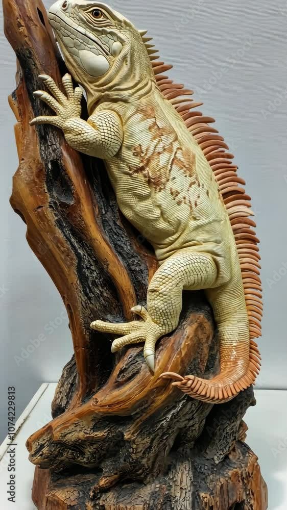 A detailed iguana statue sits perched on a tree stump, showcasing its intricate scales and spiky tail A detailed iguana statue sits perched on a tree stump, showcasing its intricate scales and spiky tail