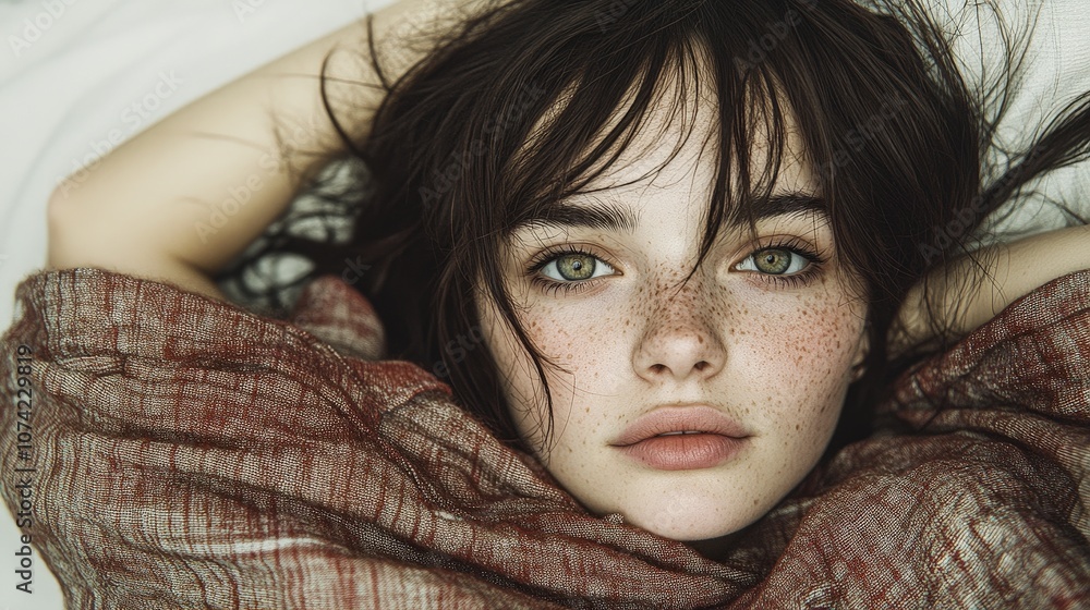 Close up Portrait of Young Woman with Freckles and Green Eyes Close up Portrait of Young Woman with Freckles and Green Eyes