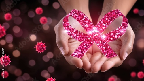 Hands holding sparkling pink ribbon for breast cancer awareness with virus particles photo