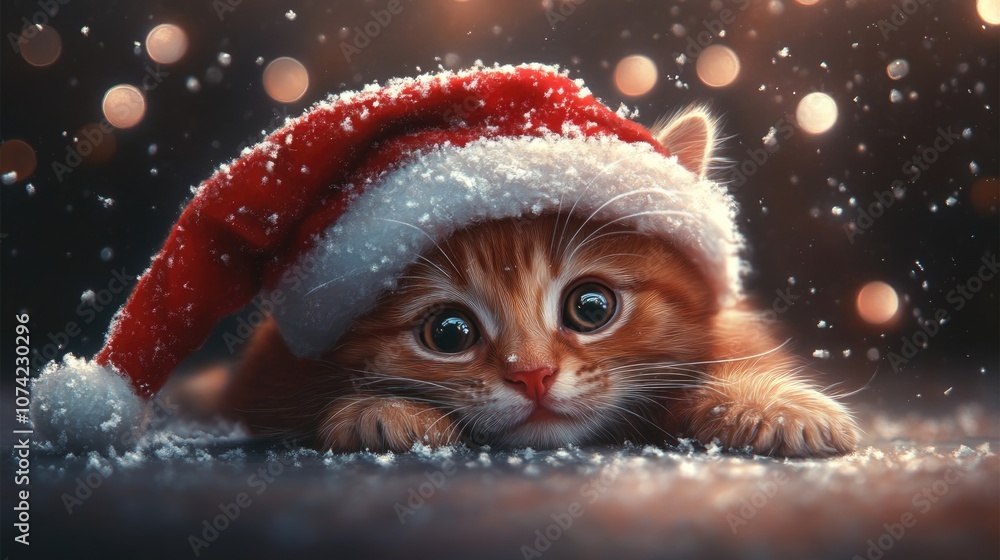 Adorable kitten in santa hat with sparkling snowflakes Adorable kitten in santa hat with sparkling snowflakes