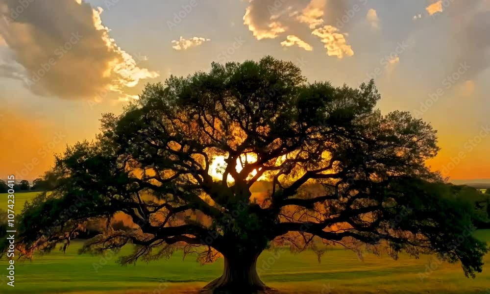 A majestic tree silhouetted against a vibrant sunset, highlighting nature's beauty. A majestic tree silhouetted against a vibrant sunset, highlighting nature's beauty.